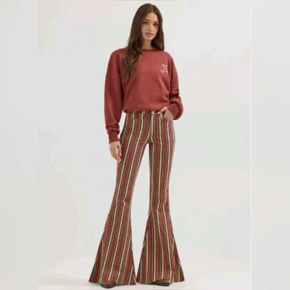 NWT! Wrangler X Lainey Wilson Women's Clay & Latte Stripped Bell Bottoms